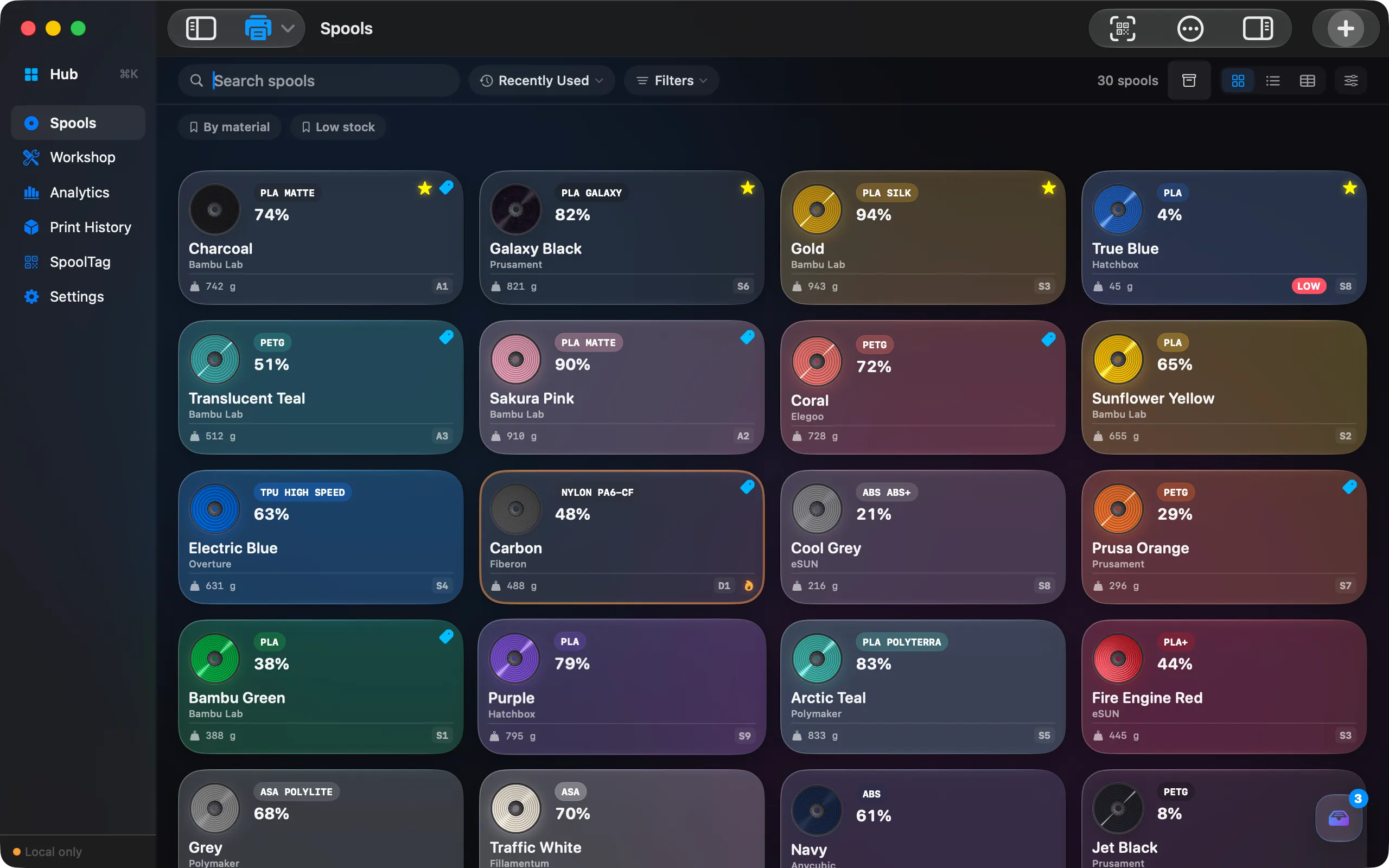Spool for Mac: the Spools wall with sidebar, search, saved views and every spool as a card