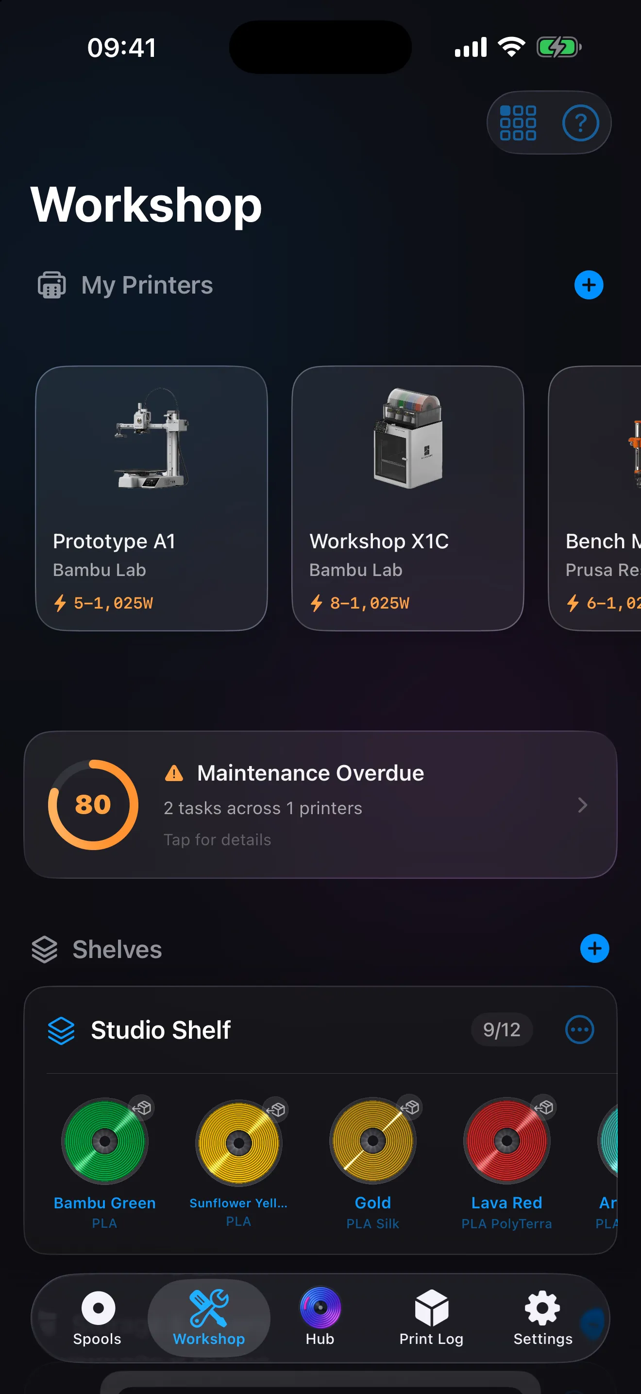 The Workshop: printers with their power draw, the maintenance score card, and a shelf with its spools