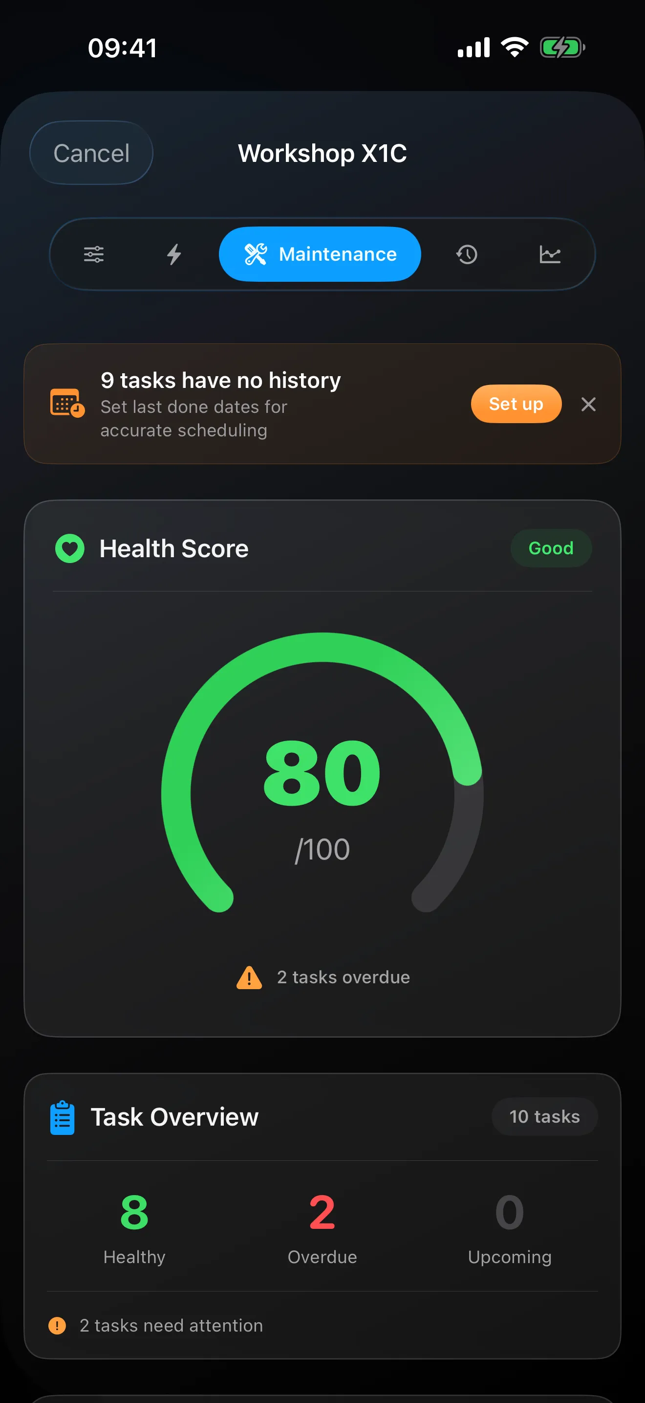 A printer's maintenance schedule with health score and due tasks