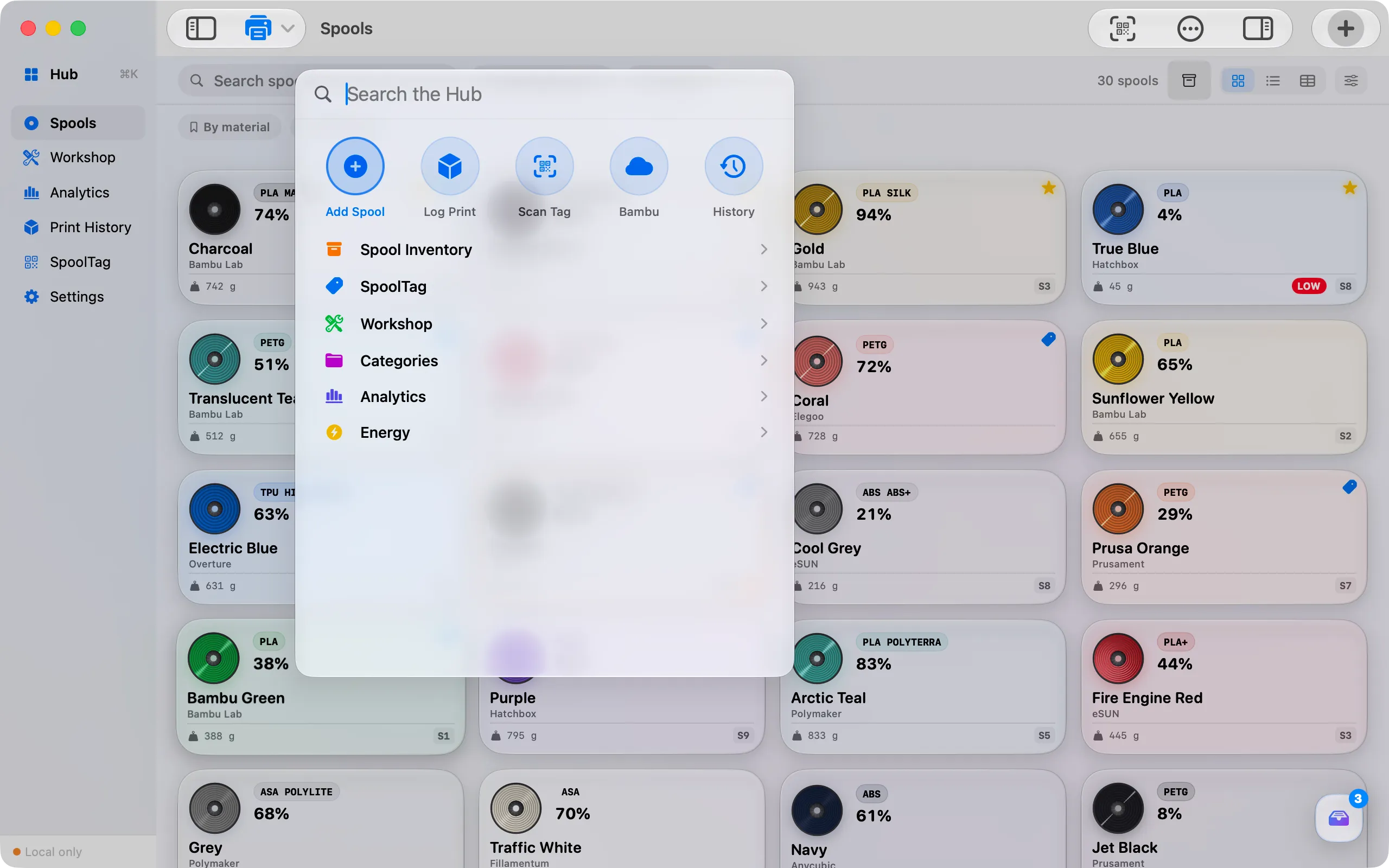 The Hub on Mac, opened with command K: add spool, log print, scan tag, Bambu, history