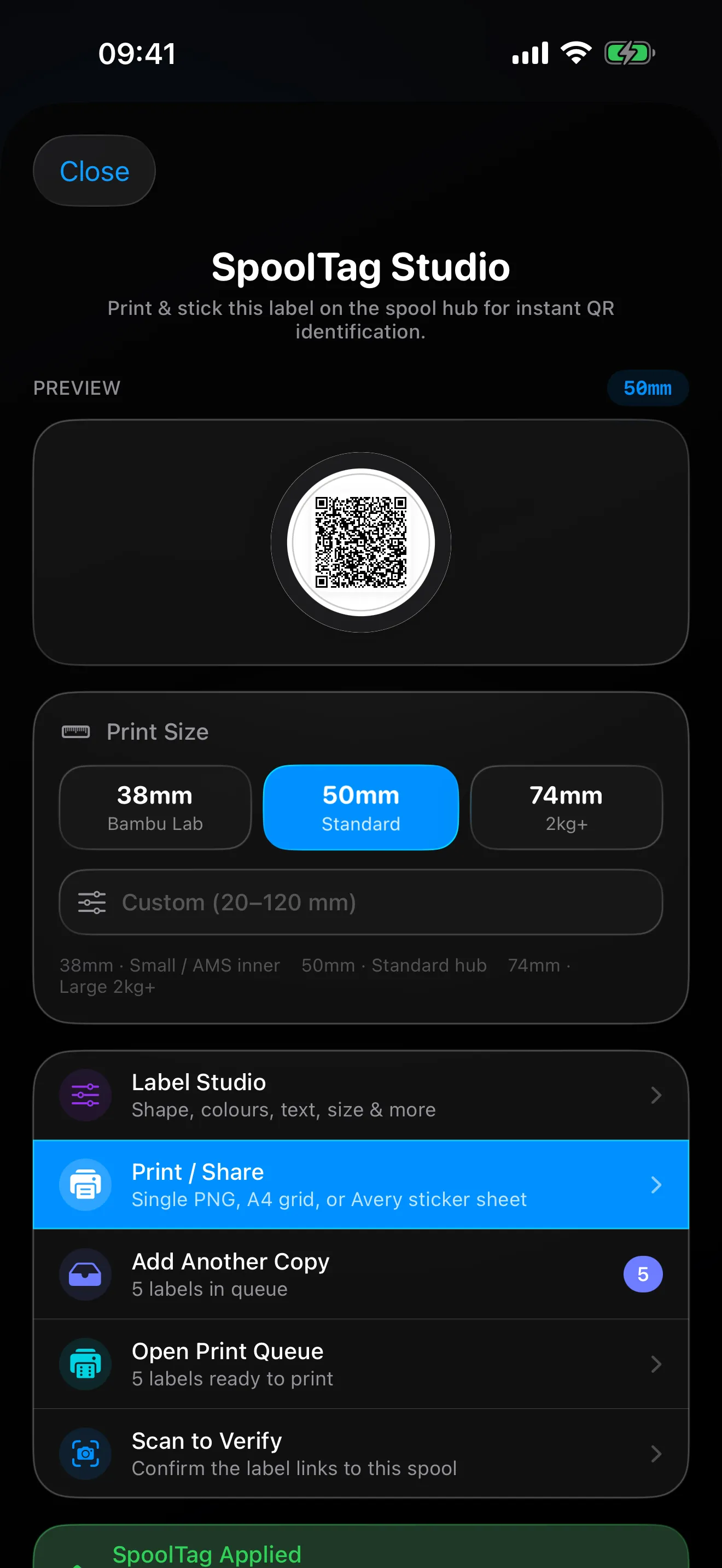 The SpoolTag Studio in Spool: a spool's QR label preview with its print sizes and print options