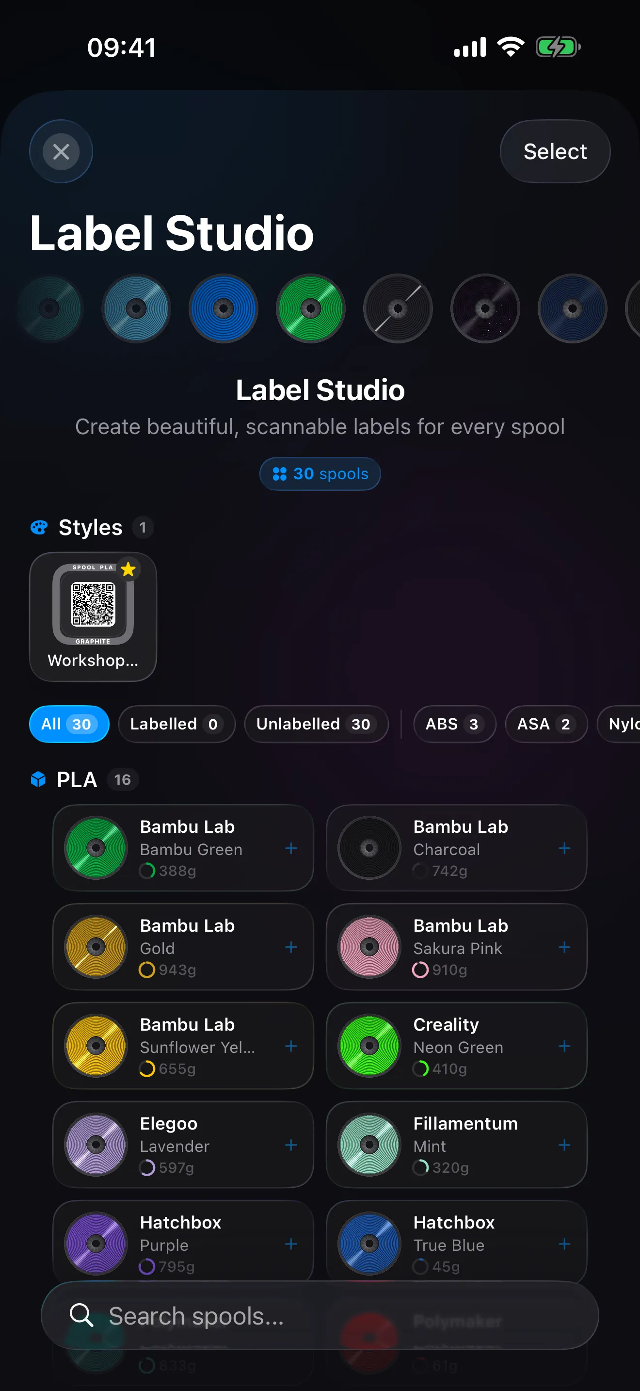 Label Studio in Spool on iPhone: a saved label style on the shelf and the spool gallery grouped by material