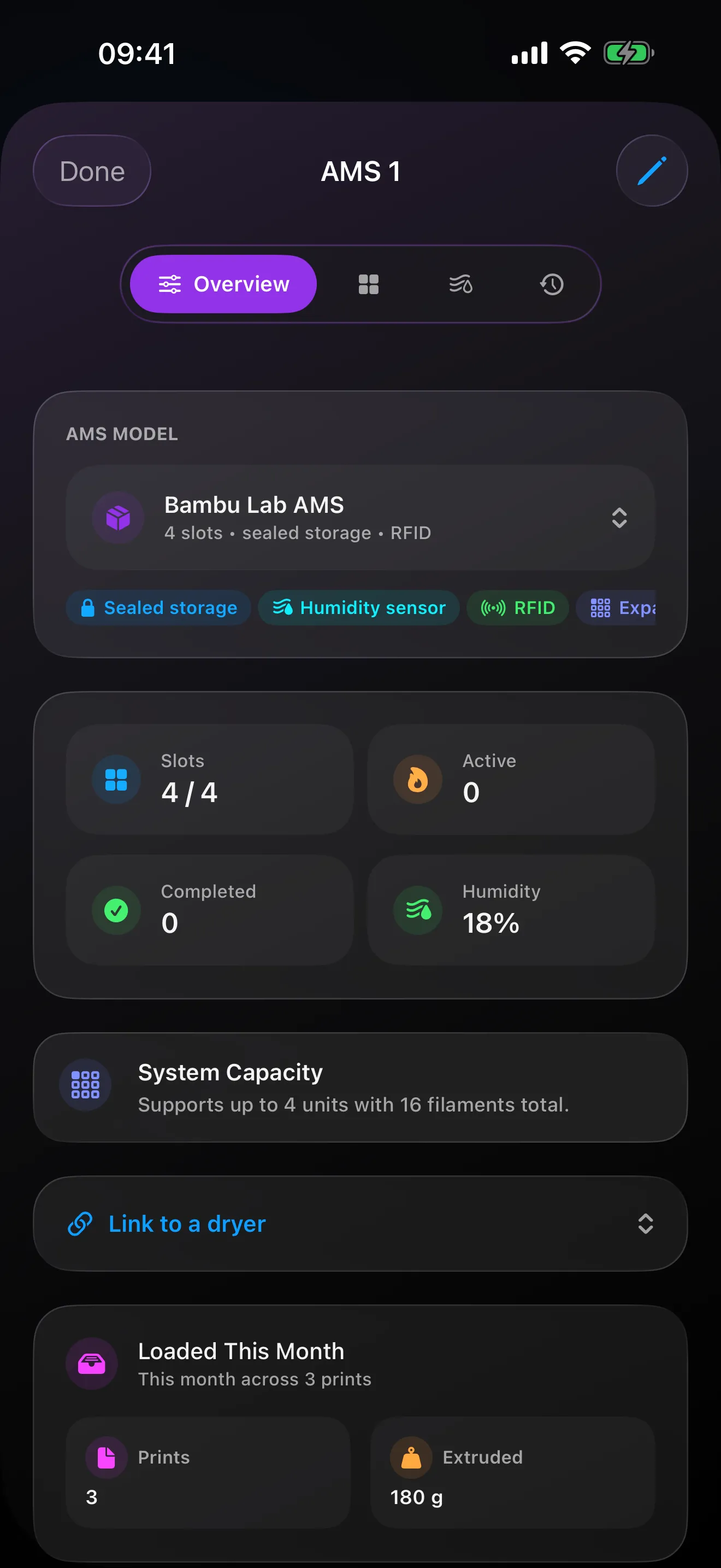 An AMS in Spool: its model and capability badges, slots, humidity reading and what it loaded this month