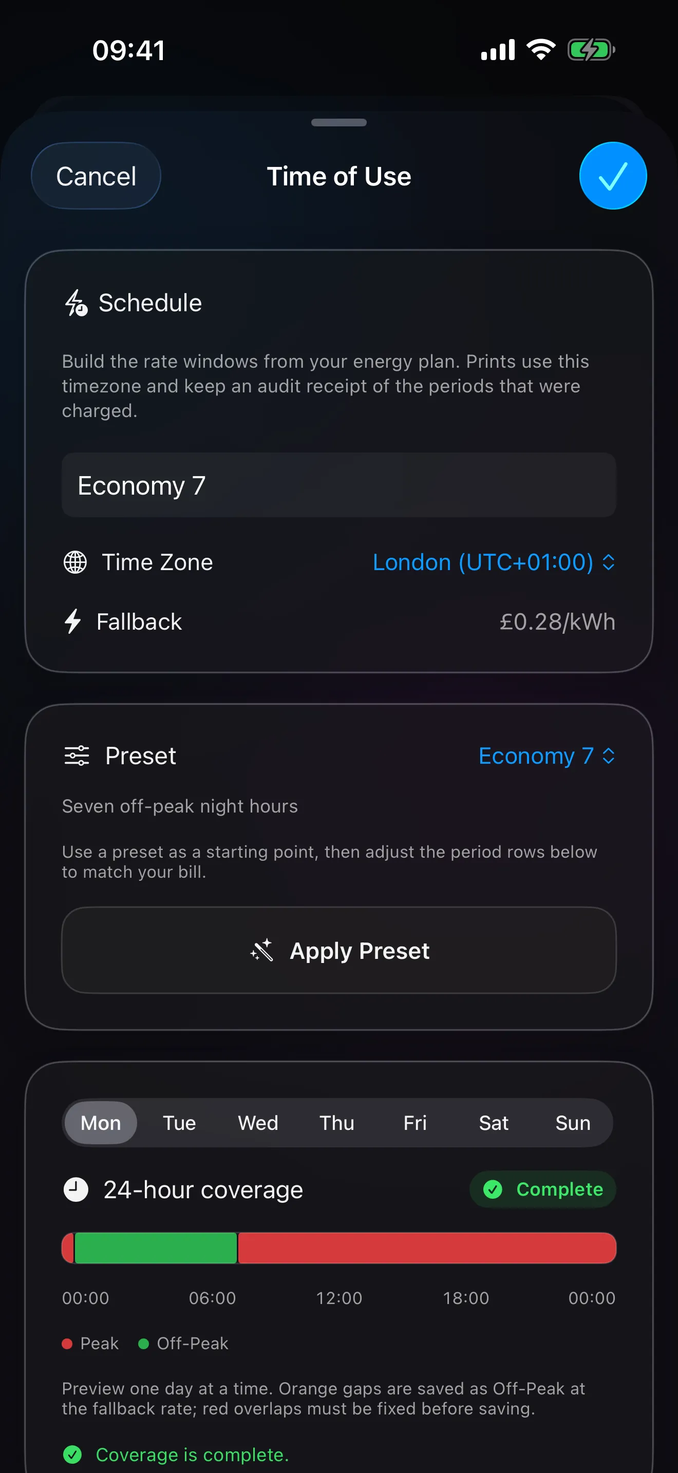 The Time of Use schedule editor in Spool: an Economy 7 schedule with its peak and off-peak windows and the 24-hour coverage bar