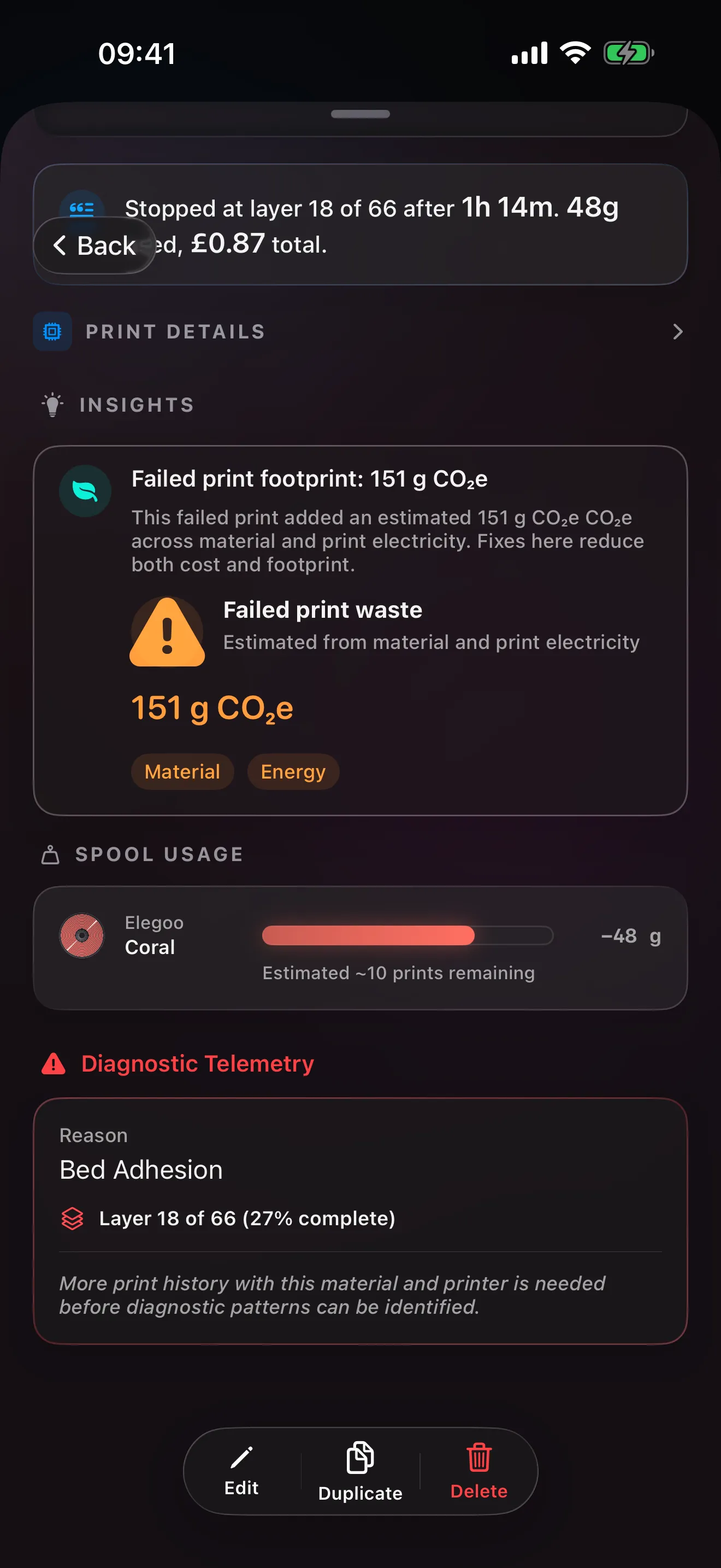 The Print Story of a failed print in Spool, scrolled to Diagnostic Telemetry: the failure reason and the layer it stopped at