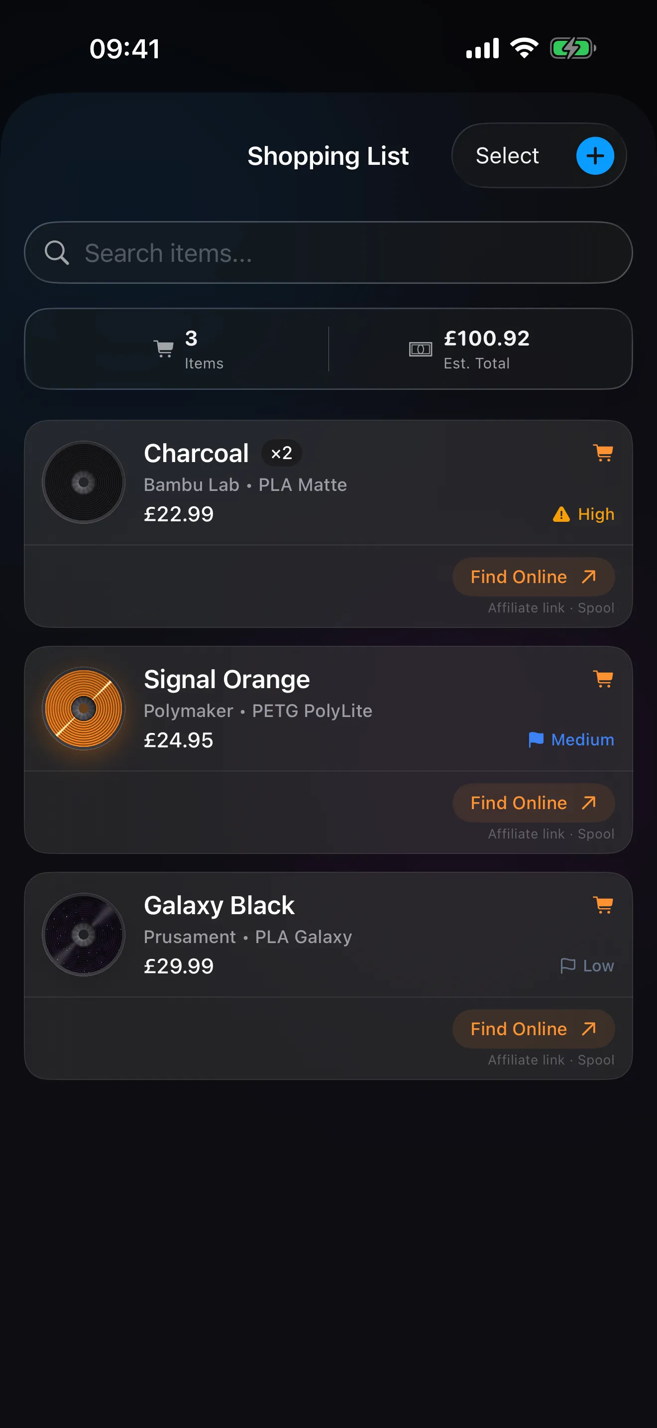 The Shopping List in Spool with its summary card and items