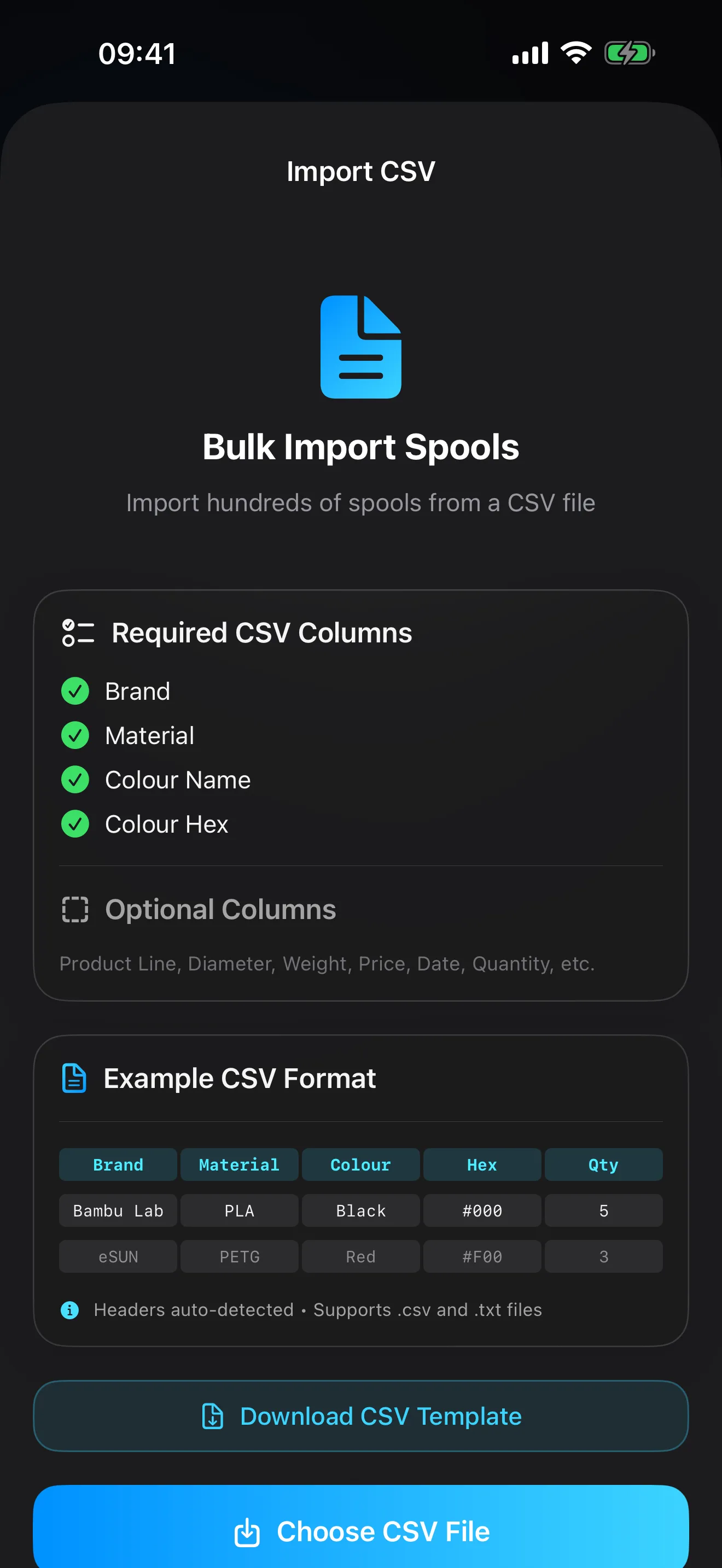 CSV import in Spool: the required columns, an example row and the template download