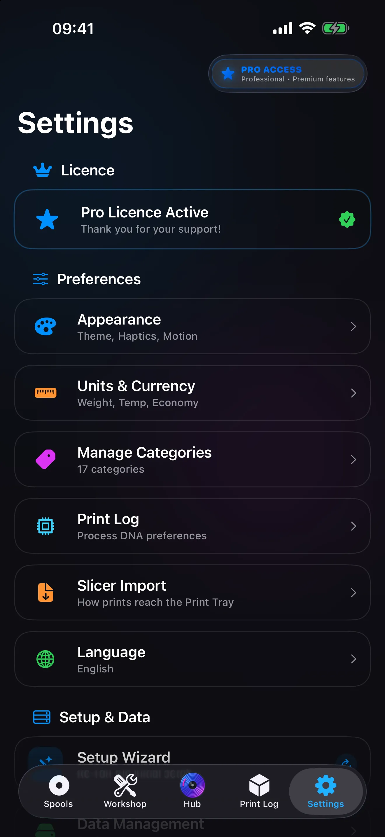 Settings in Spool, with the Language row and the Setup & Data section that holds Data Management